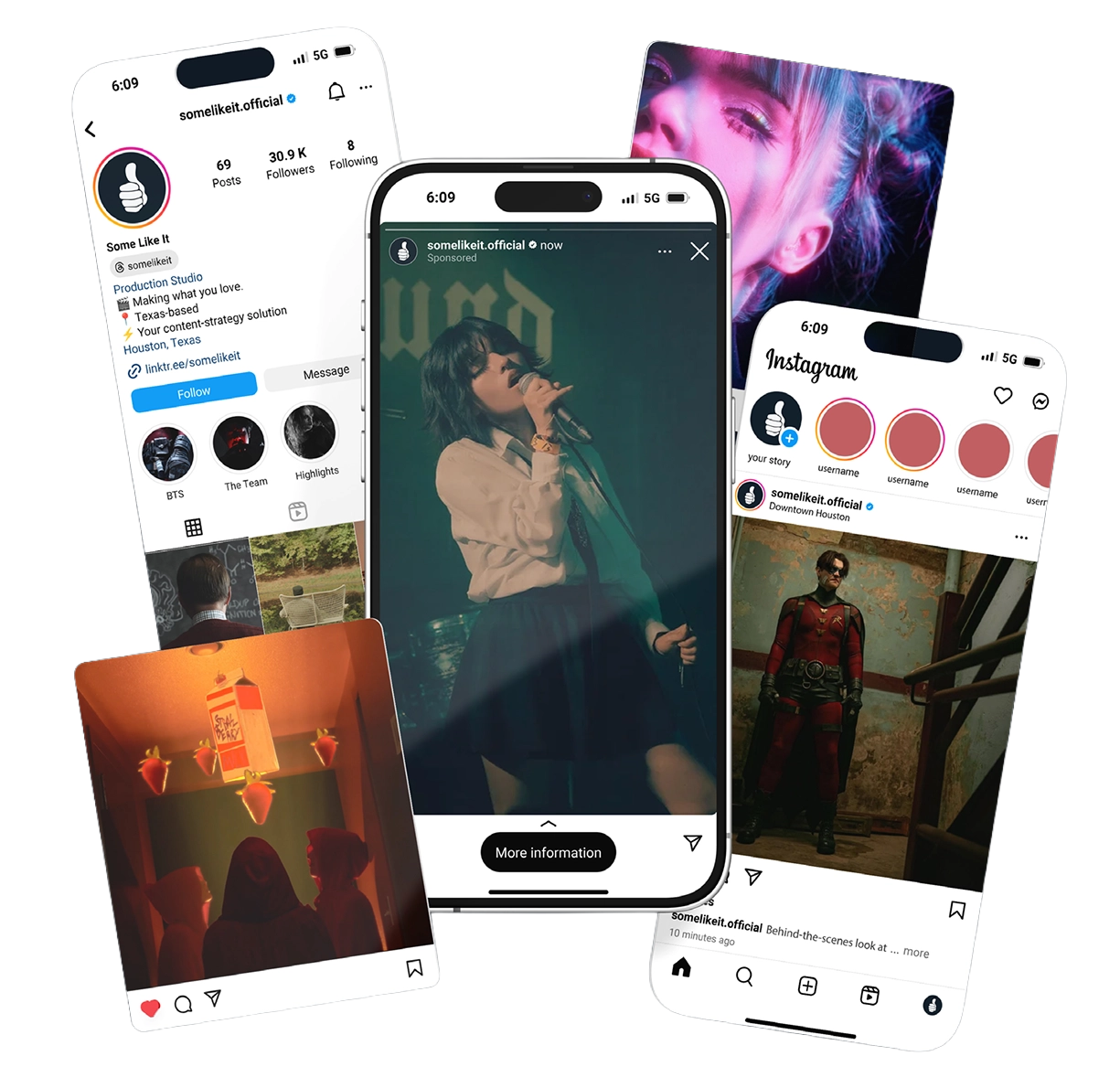 Instagram mobile mockups displaying a production studio’s social media content, including profile pages, stories, and video posts, showcasing social media marketing and content creation design.