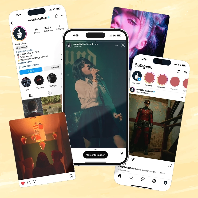 Instagram mobile mockups displaying a production studio’s social media content, including profile pages, stories, and video posts, showcasing social media marketing and content creation design.