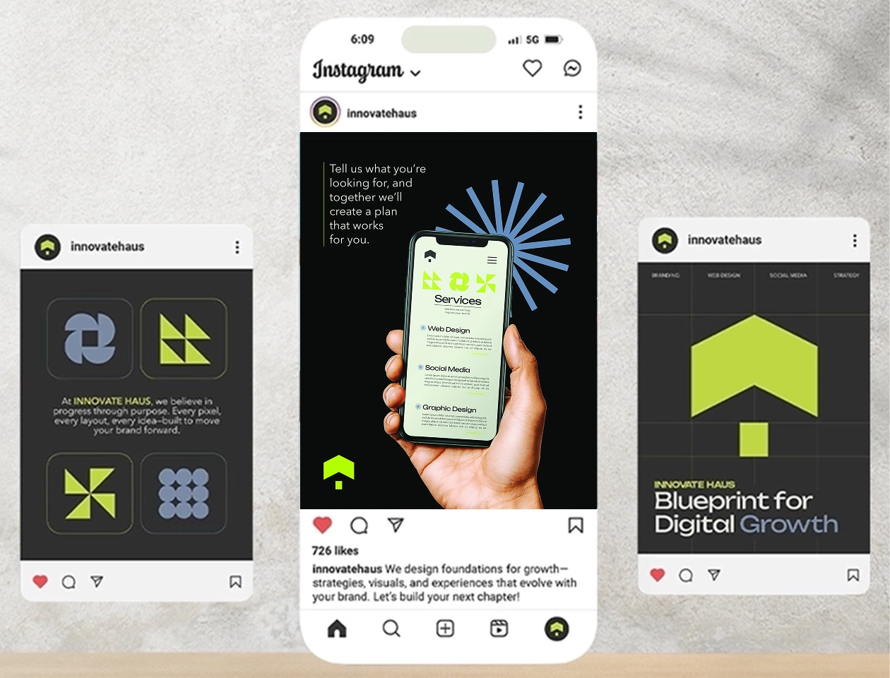 Instagram posts for Innovate Haus marketing agency featuring web design services on mobile, bold branding graphics, and a digital growth strategy message.